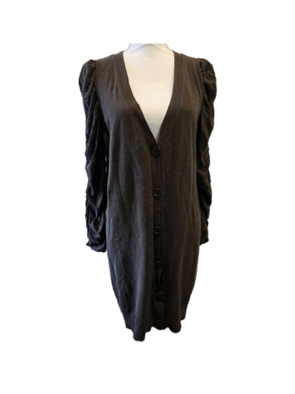 Sophie Max Silk Blend Sz L Long Cardigan Brown Ruched Sleeve Button Down Capsule